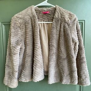 Sunny Leigh Open Cropped Taupe Faux Fur Jacket Size Small